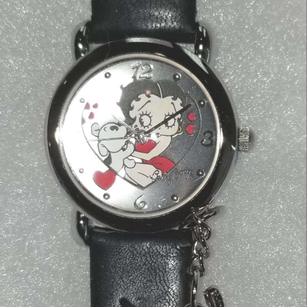 NWOT Ladies (Betty Boop) Valdawn silver/blk, black leather band, silver charm.